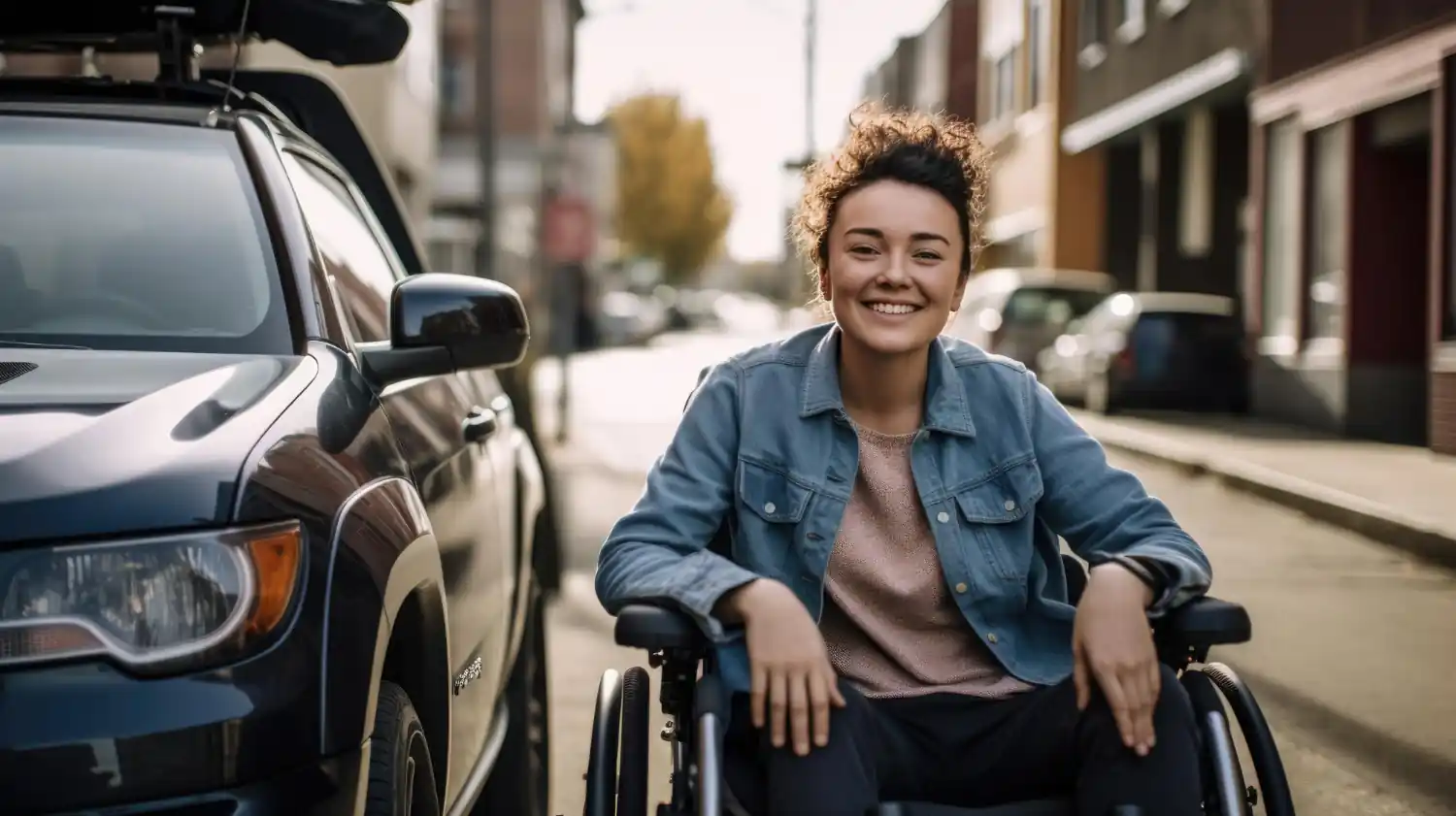 Mulher em cadeira de rodas sorrindo ao lado de um carro em uma rua urbana ensolarada.