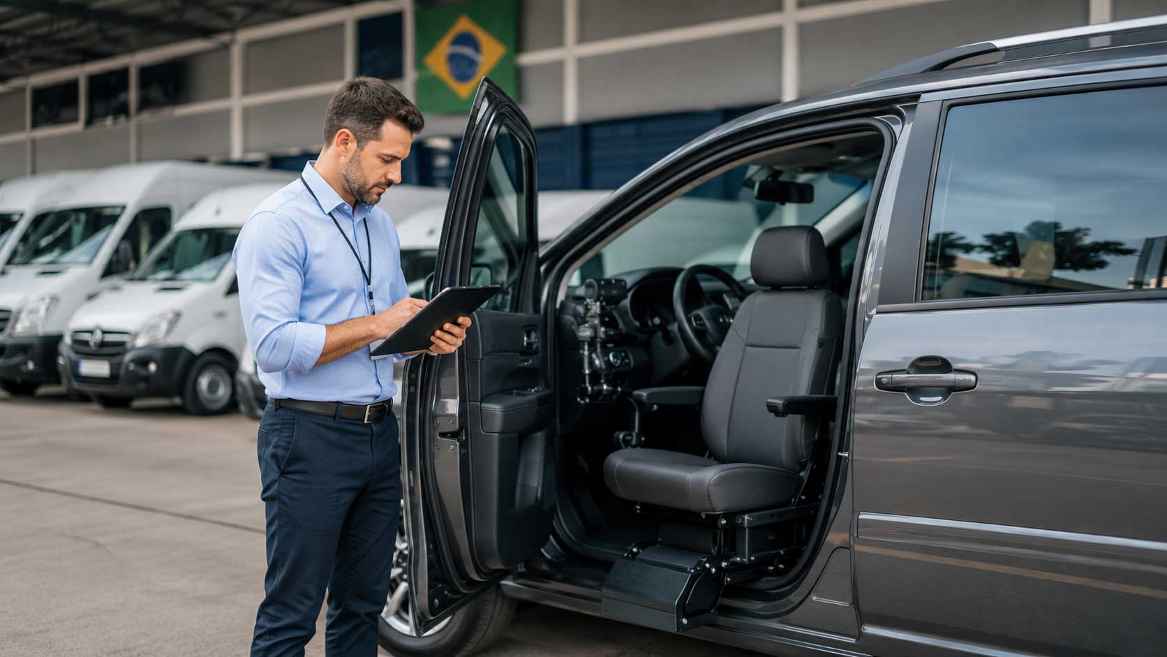 Gestor avaliando veículo de uma frota adaptada para transporte acessível